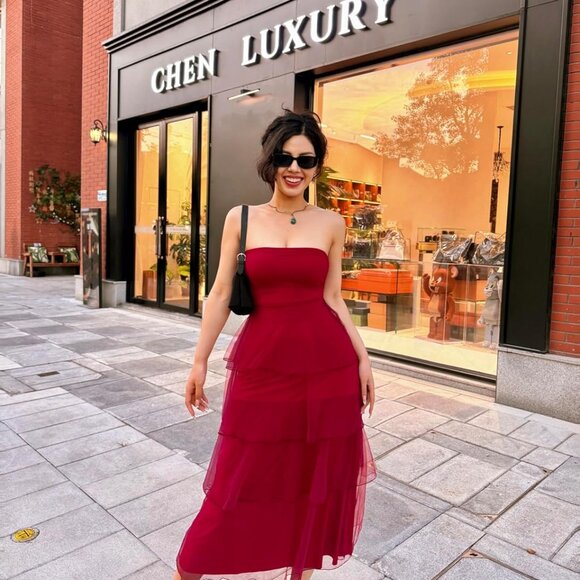 Women's Summer Maxi Dress Polyester Tiered Ruffle Strapless Beach Coverup - Picture 2 of 4